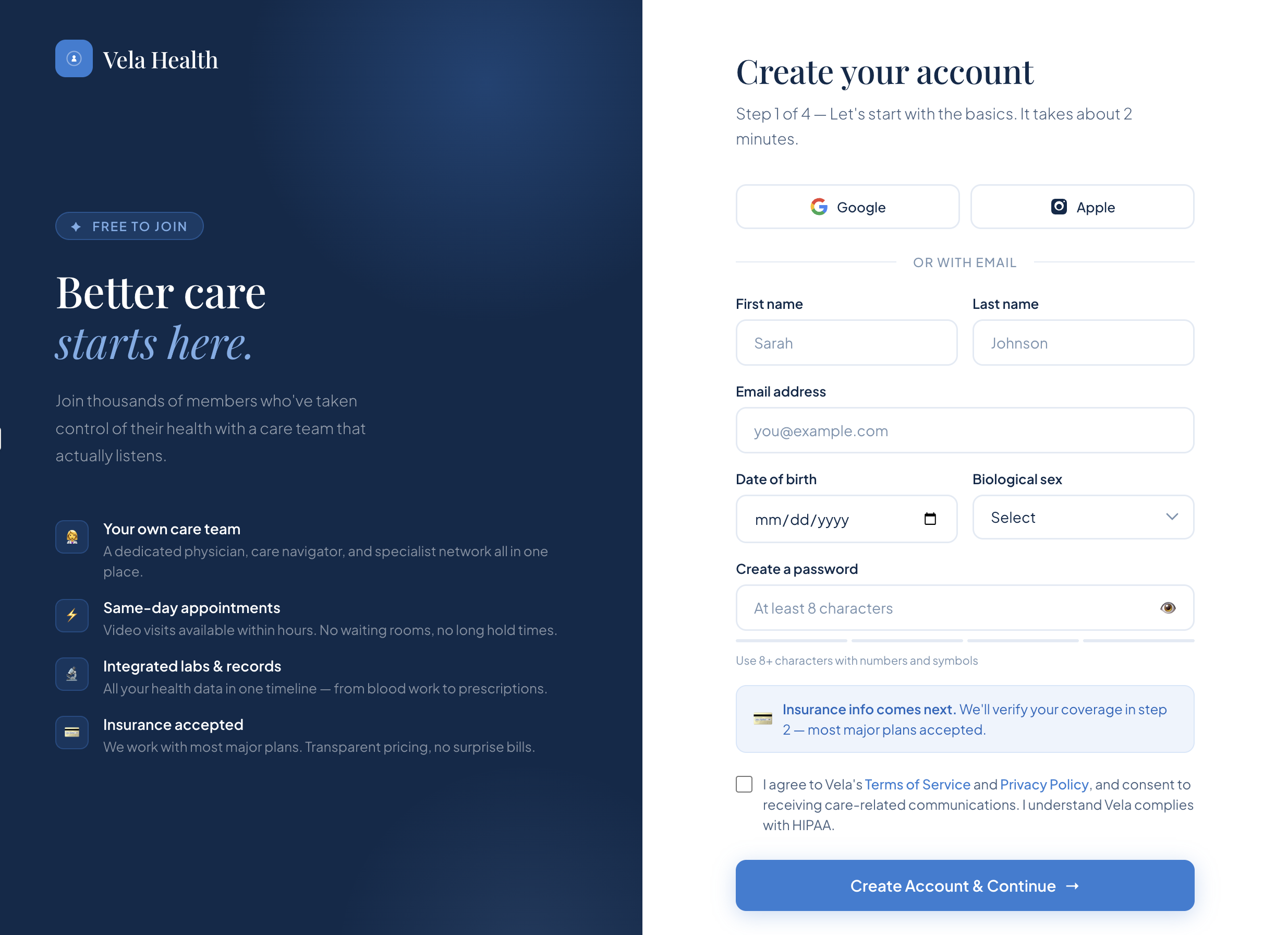 Healthcare create account flow