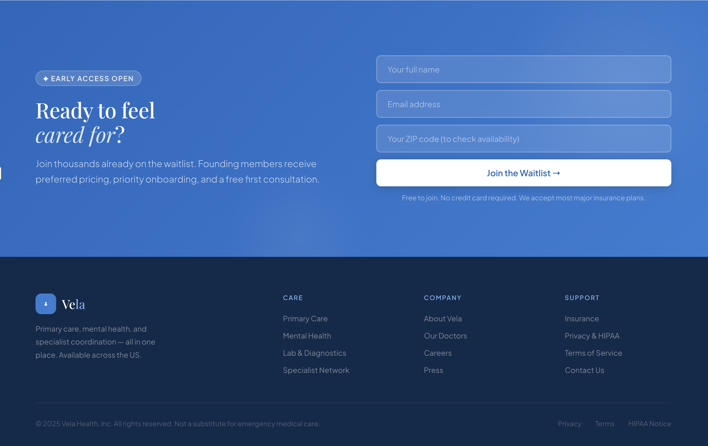 Healthcare waitlist and footer section