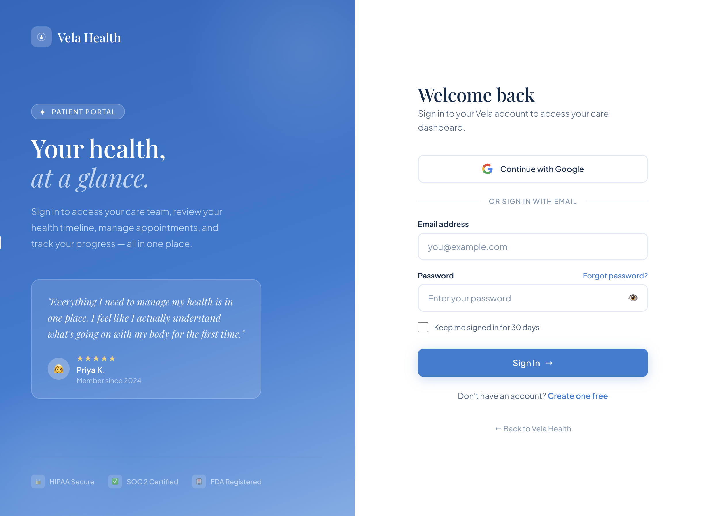 Healthcare sign in screen